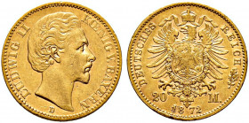Reichsgoldmünzen. BAYERN 
Ludwig II. 1864-1886. 20 Mark 1872 D. J. 194. kleine Kratzer und Randfehler, sehr schön/sehr schön-vorzüglich