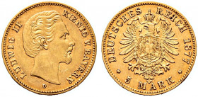 Reichsgoldmünzen. BAYERN 
Ludwig II. 1864-1886. 5 Mark 1877 D. J. 195. kleine Kratzer auf dem Avers, gutes sehr schön