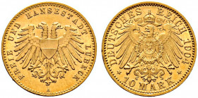 Reichsgoldmünzen. LÜBECK 
10 Mark 1904 A. J. 227. selten, minmale Randfehler, vorzüglich/vorzüglich-prägefrisch Dieses Los unterliegt der Regelbesteu...