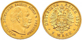 Reichsgoldmünzen. PREUSSEN 
Wilhelm I. 1861-1888. 5 Mark 1877 A. J. 244. kleine Kratzer auf dem Avers, sehr schön/vorzüglich