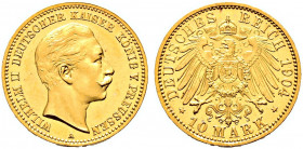 Reichsgoldmünzen. PREUSSEN 
Wilhelm II. 1888-1918. 10 Mark 1904 A. J. 251. selten in dieser Erhaltung, Polierte Platte-leicht berührt