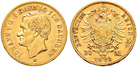 Reichsgoldmünzen. SACHSEN 
Johann 1854-1873. 20 Mark 1873 E. J. 259. minimale Randfehler, gutes sehr schön