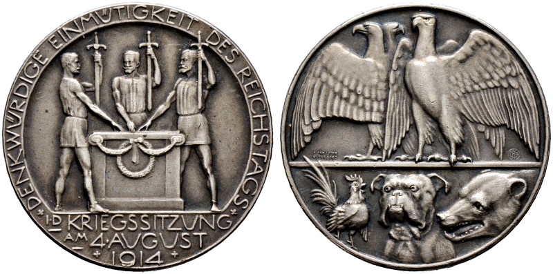Erster Weltkrieg und Inflation. 
Mattierte Silbermedaille 1914 von Lauer, auf d...