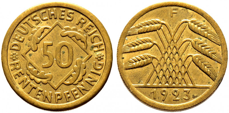 Weimarer Republik. 
50 Rentenpfennig 1923 F. J. 310. selten, vorzüglich-prägefr...