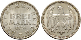 Weimarer Republik. 
3 Mark 1924 F. J. 312. Prachtexemplar mit leichter Tönung, Stempelglanz