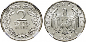 Weimarer Republik. 
2 Reichsmark 1925 F. J. 320. In Plastikholder der NGC (slabbed) mit der Bewertung MS 66 Stempelglanz