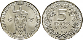 Weimarer Republik. 
5 Reichsmark 1925 D. Rheinlande. J. 322. In Plastikholder der NGC (slabbed) mit der Bewertung MS 66 minimaler Kratzer auf dem Rev...