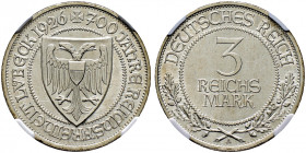 Weimarer Republik. 
3 Reichsmark 1926 A. Lübeck. J. 323. In Plastikholder der NGC (slabbed) mit der Bewertung MS 64 leichte Kratzer, vorzüglich-präge...
