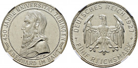 Weimarer Republik. 
5 Reichsmark 1927 F. Uni Tübingen. J. 329. In Plastikholder der NGC (slabbed) mit der Bewertung MS 61 kleine Kratzer, gutes vorzü...