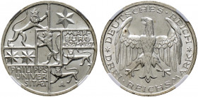 Weimarer Republik. 
3 Reichsmark 1927 A. Uni Marburg. J. 330. In Plastikholder der NGC (slabbed) mit der Bewertung MS 66 fast Stempelglanz
