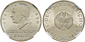 Weimarer Republik. 
3 Reichsmark 1929 D. Lessing. J. 335. In Plastikholder der NGC (slabbed) mit der Bewertung MS 64 winzige Kratzer, fast Stempelgla...