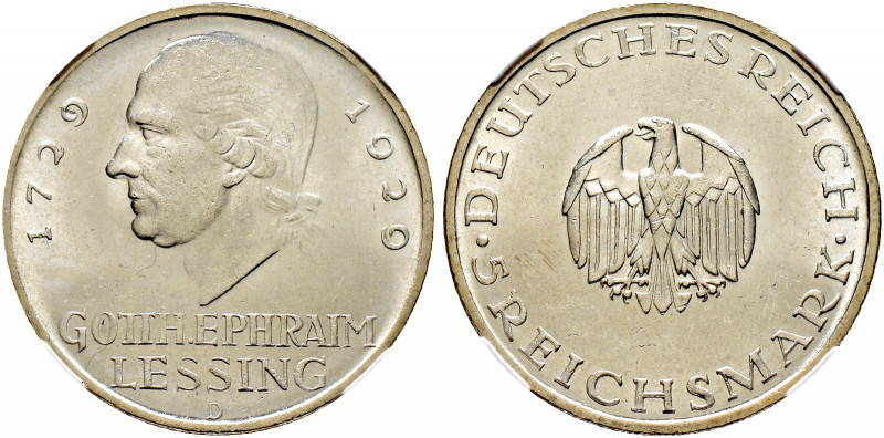 Weimarer Republik. 
5 Reichsmark 1929 D. Lessing. J. 336. In Plastikholder der ...