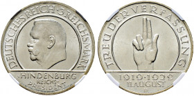 Weimarer Republik. 
3 Reichsmark 1929 D. Schwurhand. J. 340. In Plastikholder der NGC (slabbed) mit der Bewertung MS 65 vorzüglich-Stempelglanz