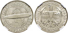 Weimarer Republik. 
3 Reichsmark 1930 D. Zeppelin. J. 342. In Plastikholder der NGC (slabbed) mit der Bewertung MS 67 fast Stempelglanz