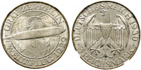 Weimarer Republik. 
3 Reichsmark 1930 D. Zeppelin. J. 342. In Plastikholder der NGC (slabbed) mit der Bewertung MS 65 minimale Randunebenheiten, vorz...