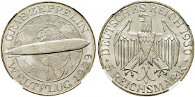 Weimarer Republik. 
5 Reichsmark 1930 D. Zeppelin. J. 343. In Plastikholder der NGC (slabbed) mit der Bewertung MS 64 fast Stempelglanz
