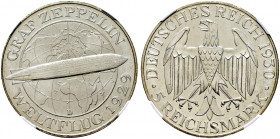Weimarer Republik. 
5 Reichsmark 1930 D. Zeppelin. J. 343. In Plastikholder der NGC (slabbed) mit der Bewertung MS 64+ fast Stempelglanz