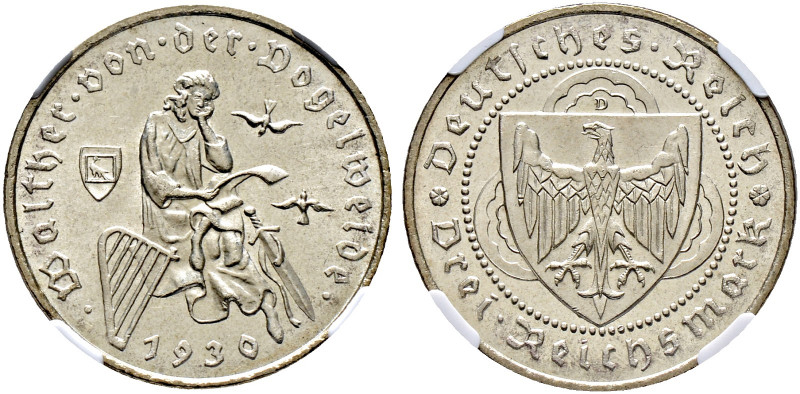 Weimarer Republik. 
3 Reichsmark 1930 D. Vogelweide. J. 344. In Plastikholder d...