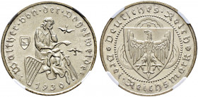 Weimarer Republik. 
3 Reichsmark 1930 D. Vogelweide. J. 344. In Plastikholder der NGC (slabbed) mit der Bewertung MS 66 vorzüglich-Stempelglanz