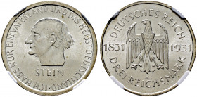 Weimarer Republik. 
3 Reichsmark 1931 A. Stein. J. 348. In Plastikholder der NGC (slabbed) mit der Bewertung MS 63 kleine Kratzer, vorzüglich-prägefr...