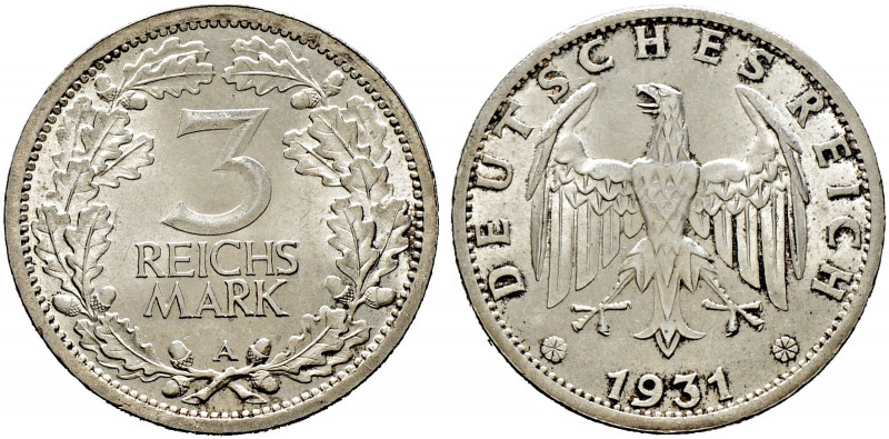 Weimarer Republik. 
3 Reichsmark 1931 A. Kursmünze. J. 349. leichte Tönung, vor...
