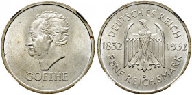Weimarer Republik. 
5 Reichsmark 1932 D. Goethe. J. 351. In Plastikholder der NGC (slabbed) mit der Bewertung MS 64 winzige Kratzer, vorzüglich-präge...