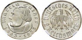 Drittes Reich. 
2 Reichsmark 1933 D. Luther. J. 352. In Plastikholder der NGC (slabbed) mit der Bewertung PF 67 CAMEO Prachtexemplar, Polierte Platte