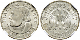 Drittes Reich. 
2 Reichsmark 1933 D. Luther. J. 352. In Plastikholder der NGC (slabbed) mit der Bewertung MS 66 Prachtexemplar, fast Stempelglanz