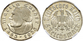 Drittes Reich. 
5 Reichsmark 1933 D. Luther. J. 353. In Plastikholder der NGC (slabbed) mit der Bewertung PF 66 CAMEO Prachtexemplar, Polierte Platte