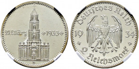 Drittes Reich. 
2 Reichsmark 1934 D. Garnisonskirche mit Datum. J. 355. In Plastikholder der NGC (slabbed) mit der Bewertung PF 65 ULTRA CAMEO Kabine...