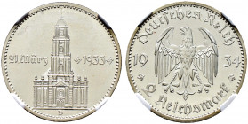 Drittes Reich. 
2 Reichsmark 1934 D. Garnisonskirche mit Datum. J. 355. In Plastikholder der NGC (slabbed) mit der Bewertung PF 65 CAMEO Prachtexempl...