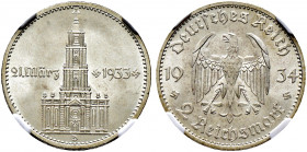 Drittes Reich. 
2 Reichsmark 1934 D. Garnisonskirche mit Datum. J. 355. In Plastikholder der NGC (slabbed) mit der Bewertung MS 66 fast Stempelglanz