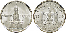 Drittes Reich. 
2 Reichsmark 1934 D. Garnisonskirche mit Datum. J. 355. In Plastikholder der NGC (slabbed) mit der Bewertung MS 66+ fast Stempelglanz