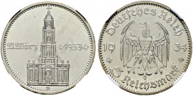 Drittes Reich. 
5 Reichsmark 1934 D. Garnisonskirche mit Datum. J. 356. In Plastikholder der NGC (slabbed) mit der Bewertung PF 64 CAMEO Polierte Pla...