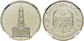 Drittes Reich. 
5 Reichsmark 1934 D. Garnisonskirche. J. 357. In Plastikholder der NGC (slabbed) mit der Bewertung PF 63 CAMEO winzige Kratzer, minim...