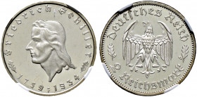 Drittes Reich. 
2 Reichsmark 1934 F. Schiller. J. 358. In Plastikholder der NGC (slabbed) mit der Bewertung PF 63+ ULTRA CAMEO Prachtexemplar, Polier...