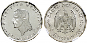Drittes Reich. 
2 Reichsmark 1934 F. Schiller. J. 358. In Plastikholder der NGC (slabbed) mit der Bewertung MS 63 vorzüglich-Stempelglanz