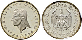 Drittes Reich. 
5 Reichsmark 1934 F. Schiller. J. 359. In Plastikholder der NGC (slabbed) mit der Bewertung PF 62 ULTRA CAMEO winzige Kratzer, Polier...