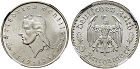 Drittes Reich. 
5 Reichsmark 1934 F. Schiller. J. 359. In Plastikholder der NGC (slabbed) mit der Bewertung MS 63 minimale Kratzer, vorzüglich-Stempe...
