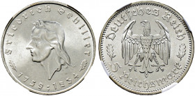 Drittes Reich. 
5 Reichsmark 1934 F. Schiller. J. 359. In Plastikholder der NGC (slabbed) mit der Bewertung MS 64 winzige Kratzer, vorzüglich-Stempel...