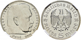Drittes Reich. 
5 Reichsmark 1935 D. Hindenburg. J. 360. In Plastikholder der NGC (slabbed) mit der Bewertung PF 63+ CAMEO Polierte Platte