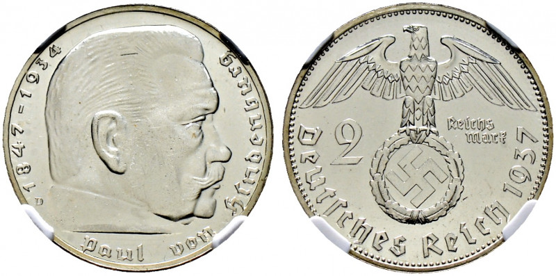 Drittes Reich. 
2 Reichsmark 1937 D. Hindenburg mit HK. J. 366. In Plastikholde...