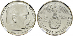 Drittes Reich. 
2 Reichsmark 1937 D. Hindenburg mit HK. J. 366. In Plastikholder der NGC (slabbed) mit der Bewertung PF 66 CAMEO Prachtexemplar, Poli...
