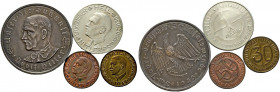 Drittes Reich. 
Lot (4 Stücke): Opferspendensatz zu 1 Mark (Kupfernickel), 50 Pfennig (Kupfer) und 30 Pfennig (Alu­miniumbronze). Jeweils Büste Hitle...
