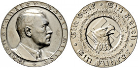 Drittes Reich. 
Mattierte Silbermedaille 1933 von F. Beyer, auf die Ereignisse des Jahres. Büste Hitlers nach rechts / Adlerkopf auf Hakenkreuz im Ei...