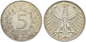 Bundesrepublik Deutschland. 
5 Deutsche Mark 1958 J. Kursmünze. J. 387. feinst zaponiert, Randfehler, sehr schön