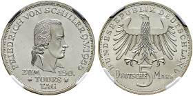 Bundesrepublik Deutschland. 
5 Deutsche Mark 1955 F. Friedrich von Schiller. J. 389. In Plastikholder der NGC (slabbed) mit der Bewertung MS 64 selte...
