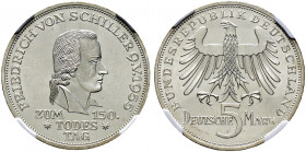 Bundesrepublik Deutschland. 
5 Deutsche Mark 1955 F. Friedrich von Schiller. J. 389. In Plastikholder der NGC (slabbed) mit der Bewertung MS 64 minim...