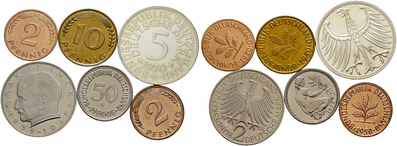 Bundesrepublik Deutschland. 
Lot (6 Stücke): 2 Pfennig 1950 G (R, nur 100 Ex. i...
