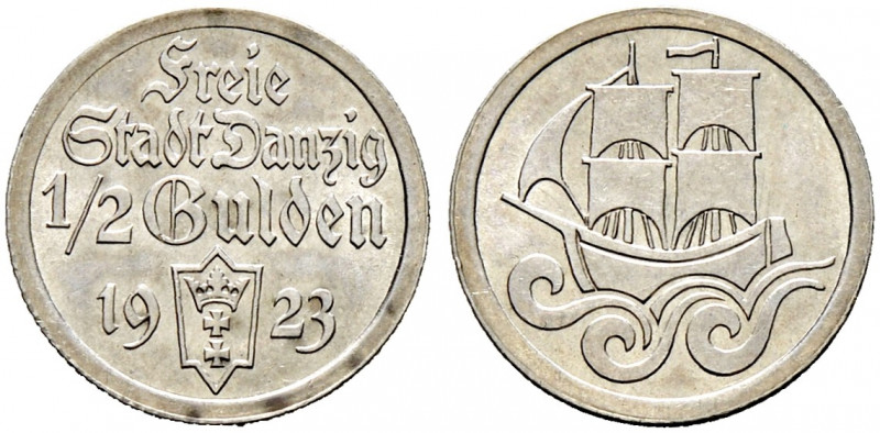 Nebengebiete. DANZIG 
1/2 Gulden 1923. J. D 6. Prachtexemplar, fast Stempelglan...
